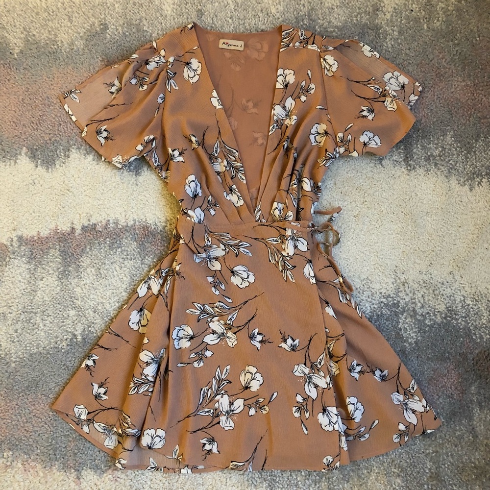 Beige mini wrap tie dress